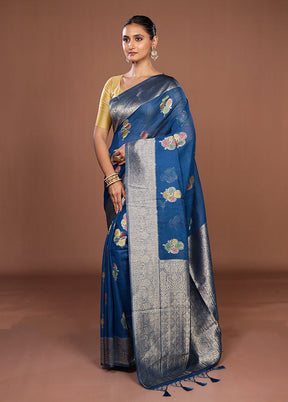 Blue Dupion Silk Saree With Blouse Piece