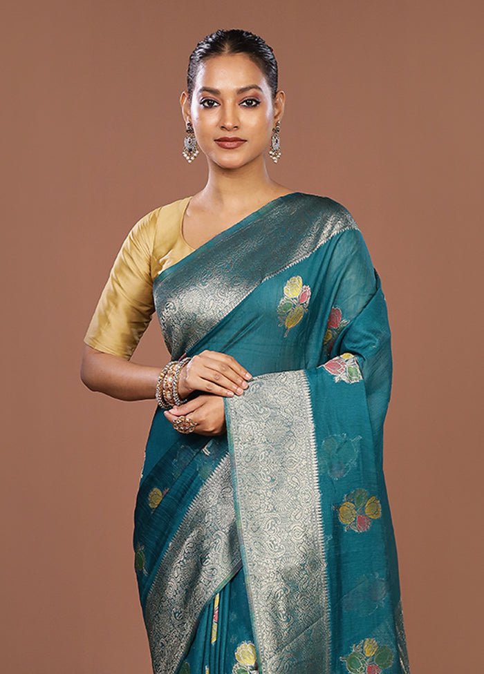 Blue Dupion Silk Saree With Blouse Piece