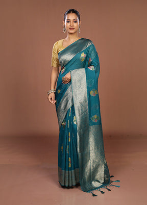 Blue Dupion Silk Saree With Blouse Piece