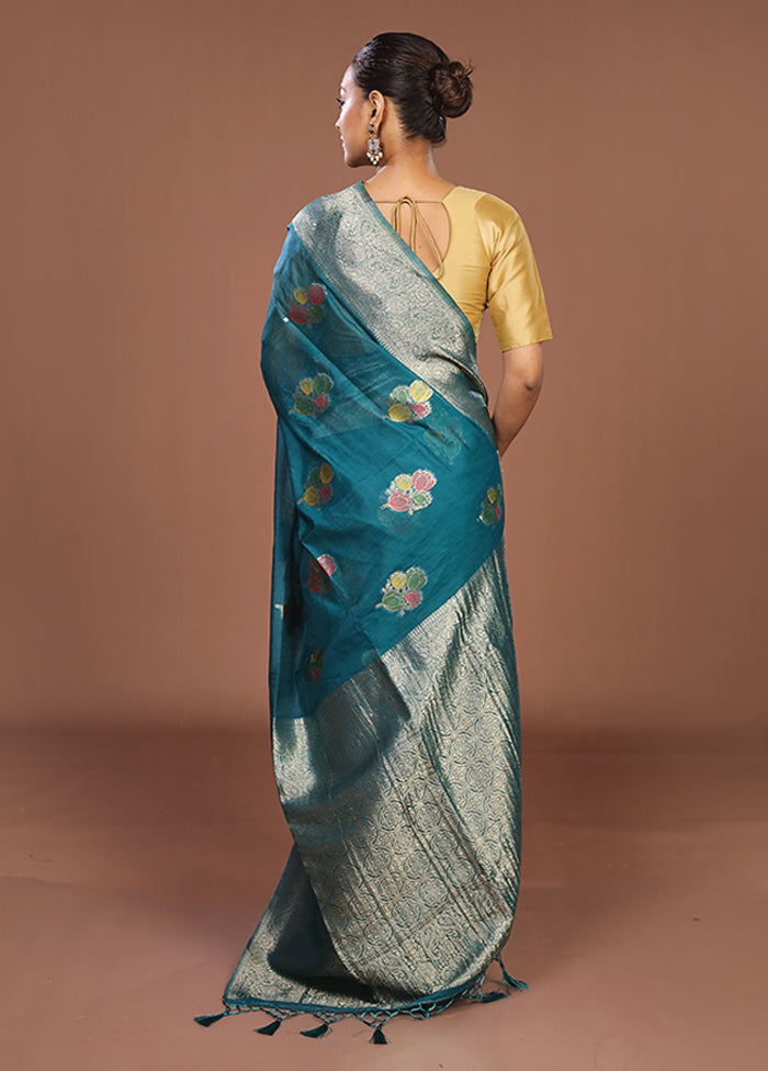 Blue Dupion Silk Saree With Blouse Piece