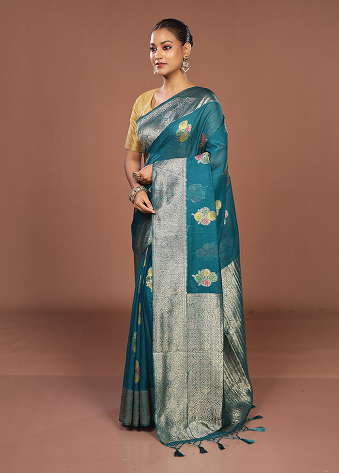 Blue Dupion Silk Saree With Blouse Piece