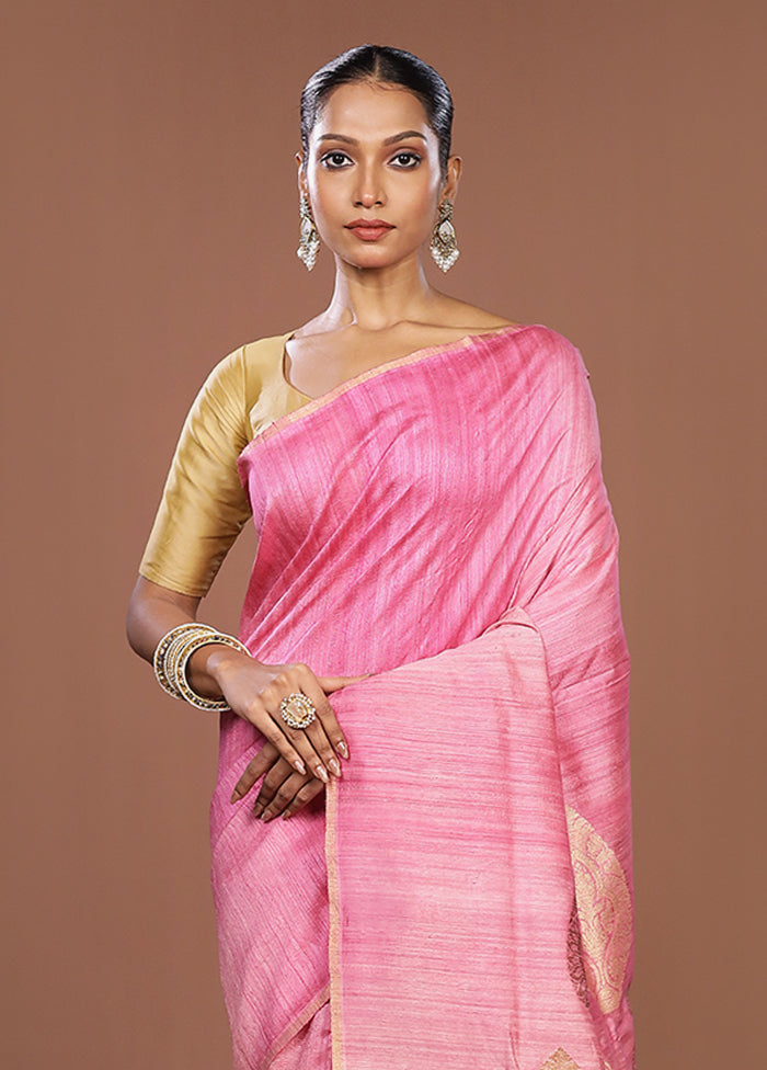 Pink Handloom Tussar Pure Silk Saree With Blouse Piece