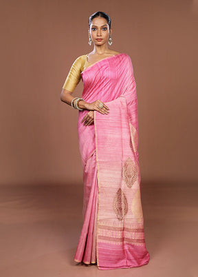 Pink Handloom Tussar Pure Silk Saree With Blouse Piece
