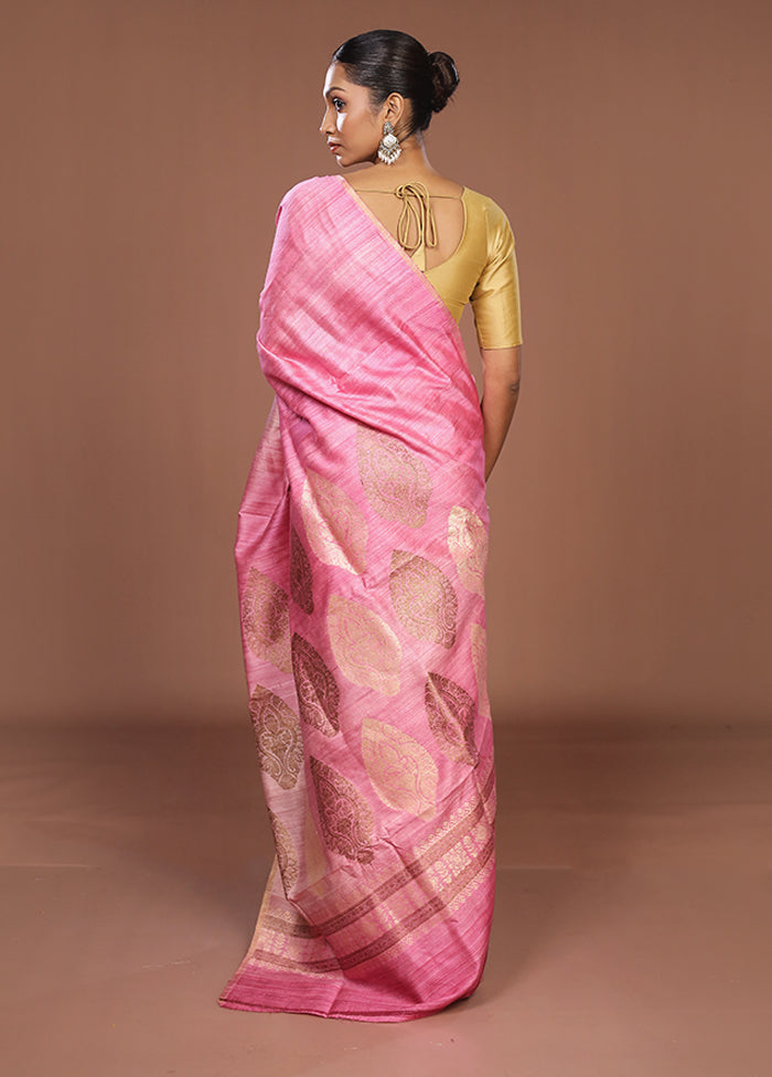 Pink Handloom Tussar Pure Silk Saree With Blouse Piece