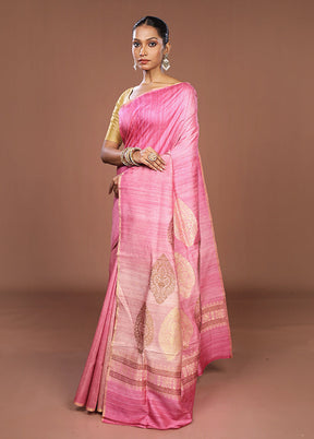 Pink Handloom Tussar Pure Silk Saree With Blouse Piece