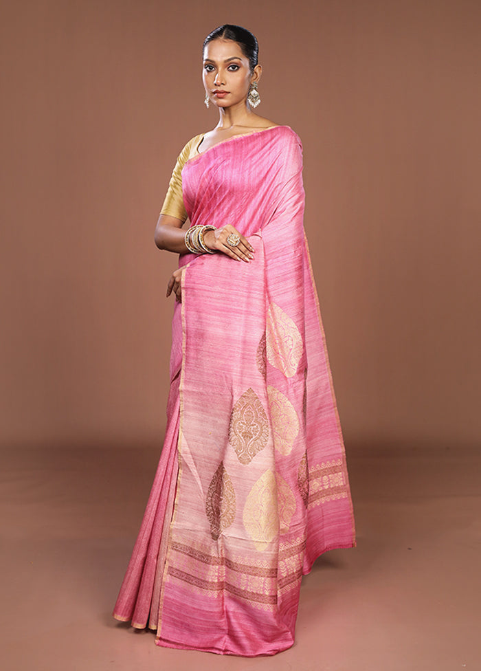 Pink Handloom Tussar Pure Silk Saree With Blouse Piece