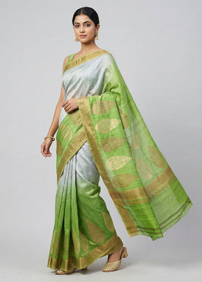 Green Handloom Tussar Pure Silk Saree With Blouse Piece