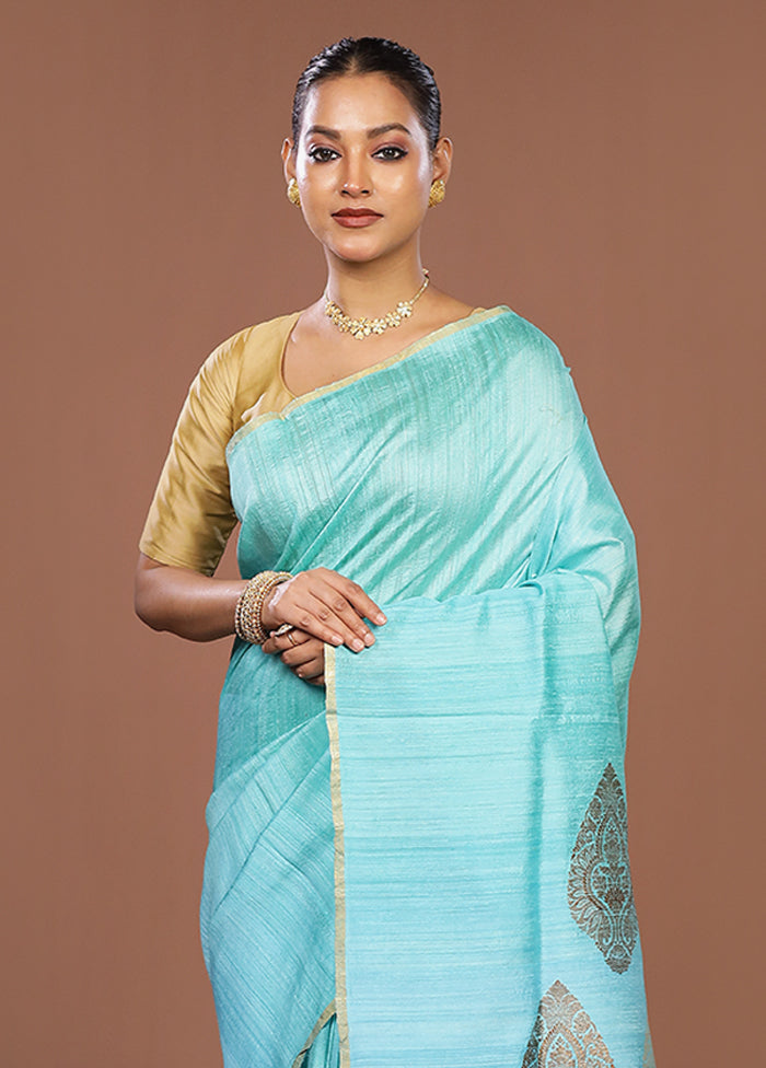Blue Handloom Tussar Pure Silk Saree With Blouse Piece