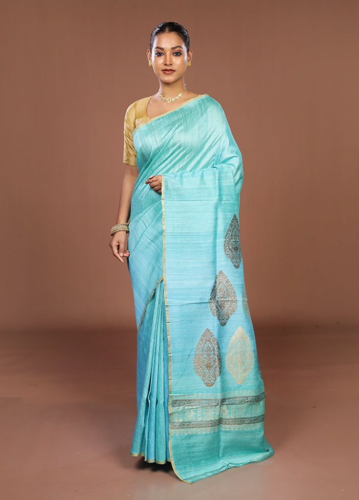 Blue Handloom Tussar Pure Silk Saree With Blouse Piece