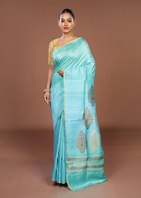 Blue Handloom Tussar Pure Silk Saree With Blouse Piece