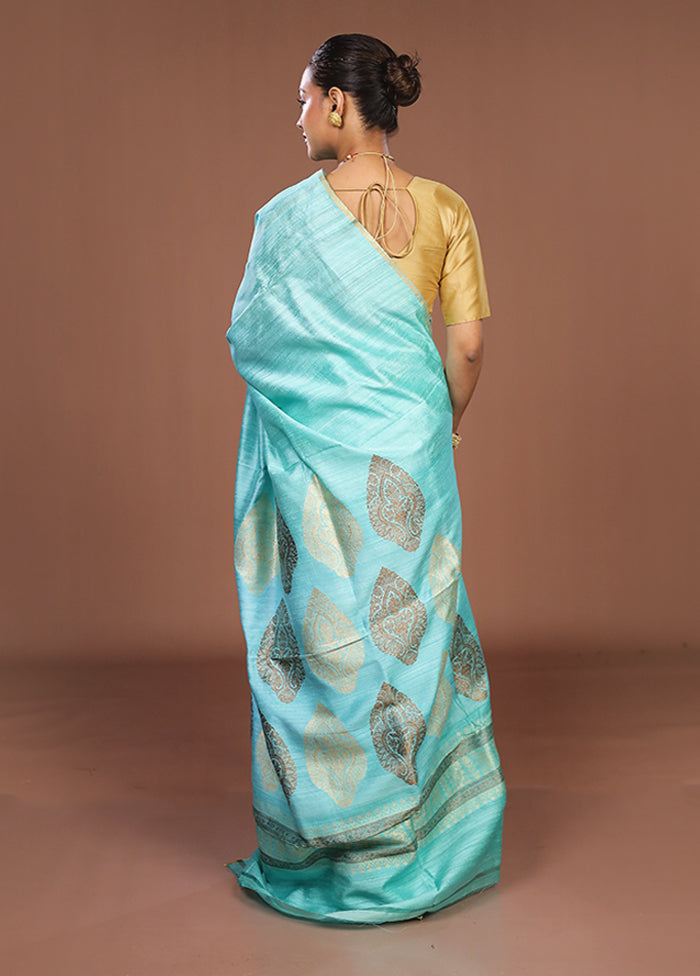 Blue Handloom Tussar Pure Silk Saree With Blouse Piece