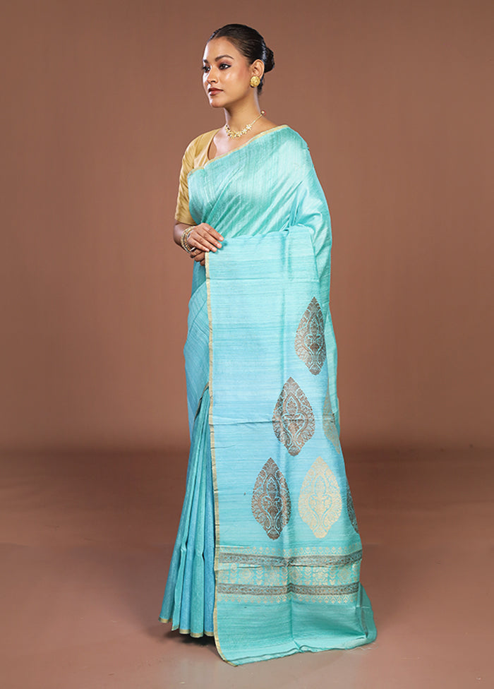 Blue Handloom Tussar Pure Silk Saree With Blouse Piece