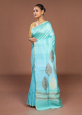 Blue Handloom Tussar Pure Silk Saree With Blouse Piece