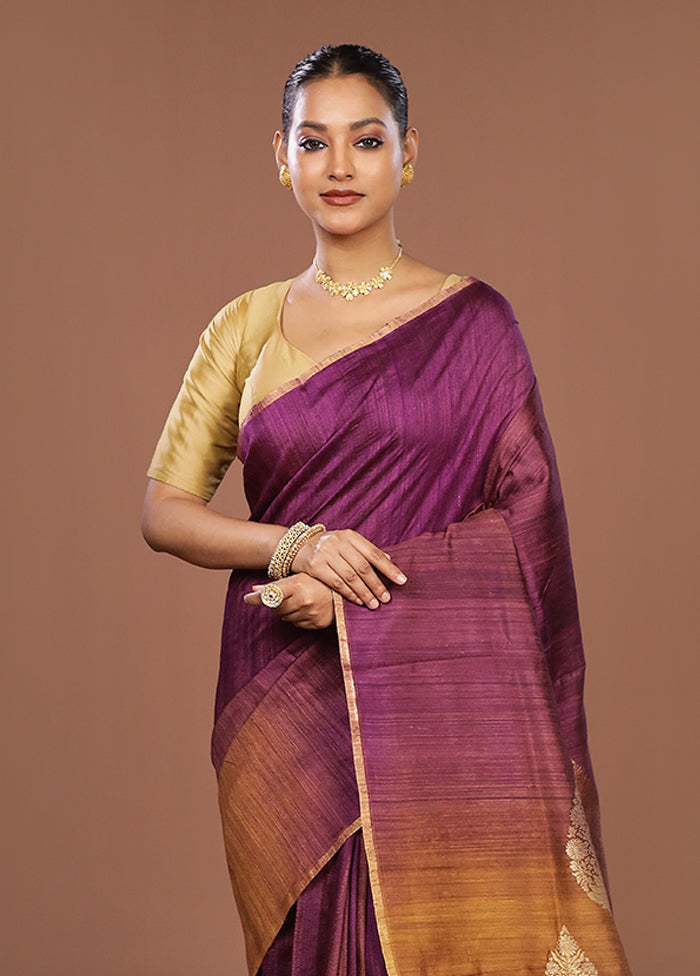 Maroon Handloom Tussar Pure Silk Saree With Blouse Piece