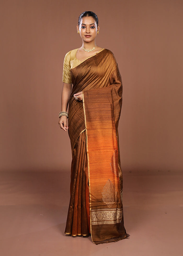 Cream Handloom Tussar Pure Silk Saree With Blouse Piece
