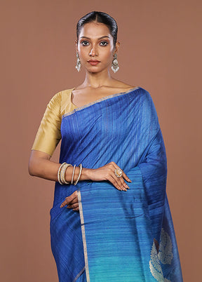 Blue Handloom Tussar Pure Silk Saree With Blouse Piece