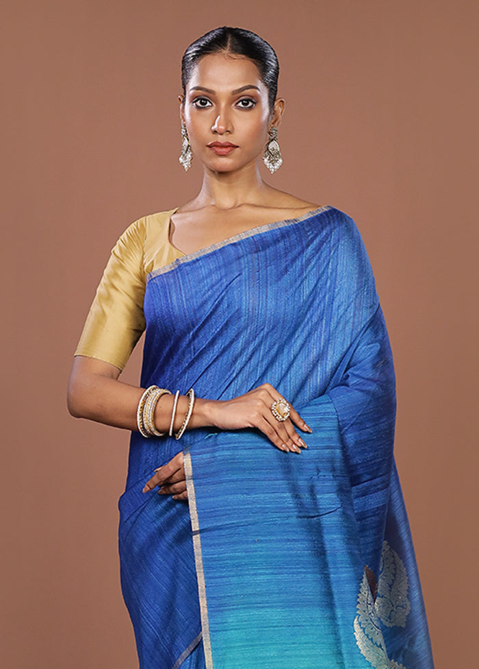 Blue Handloom Tussar Pure Silk Saree With Blouse Piece