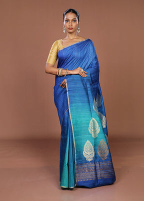 Blue Handloom Tussar Pure Silk Saree With Blouse Piece