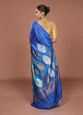 Blue Handloom Tussar Pure Silk Saree With Blouse Piece