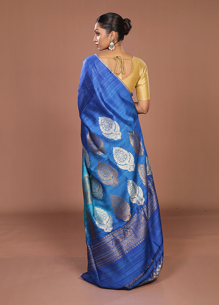 Blue Handloom Tussar Pure Silk Saree With Blouse Piece