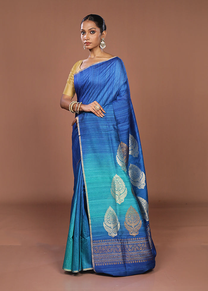 Blue Handloom Tussar Pure Silk Saree With Blouse Piece