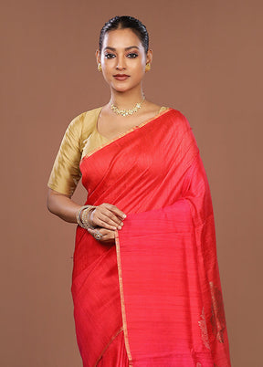 Red Handloom Tussar Pure Silk Saree With Blouse Piece