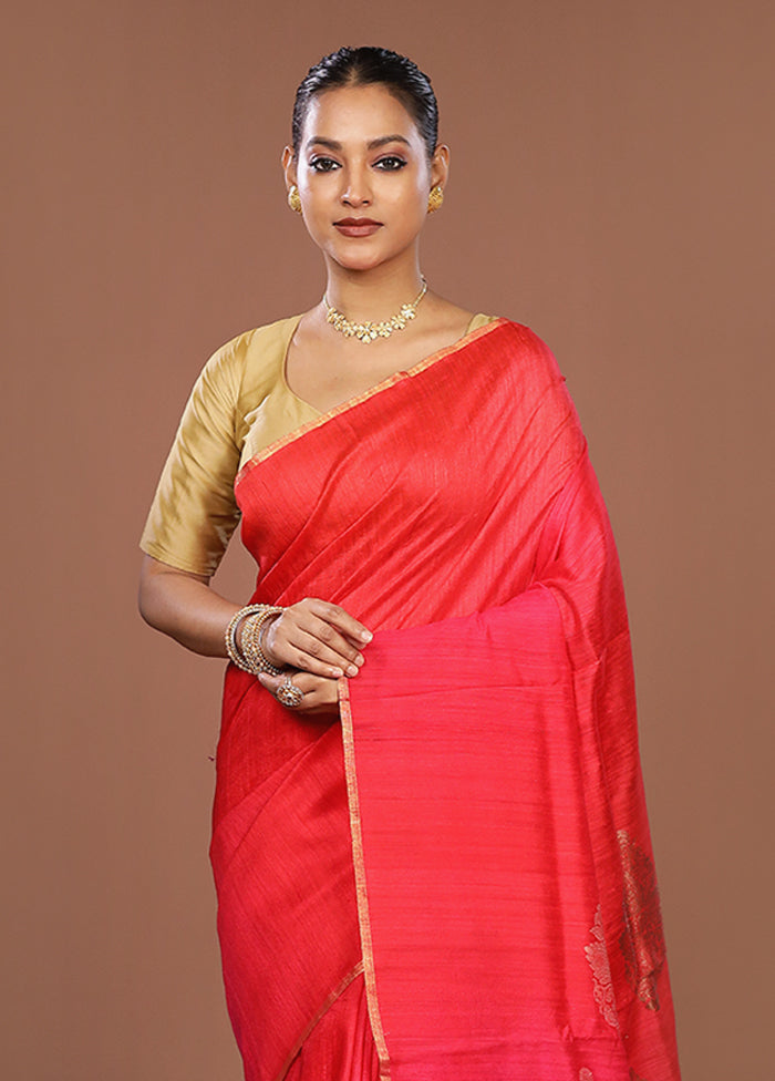 Red Handloom Tussar Pure Silk Saree With Blouse Piece