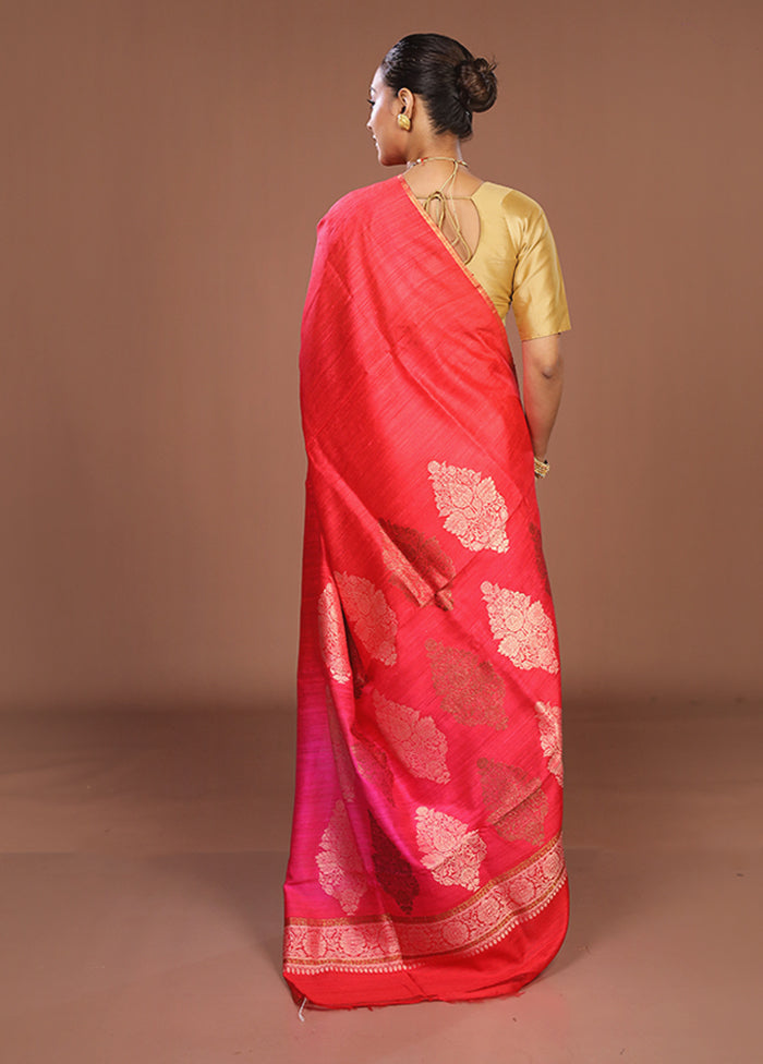 Red Handloom Tussar Pure Silk Saree With Blouse Piece