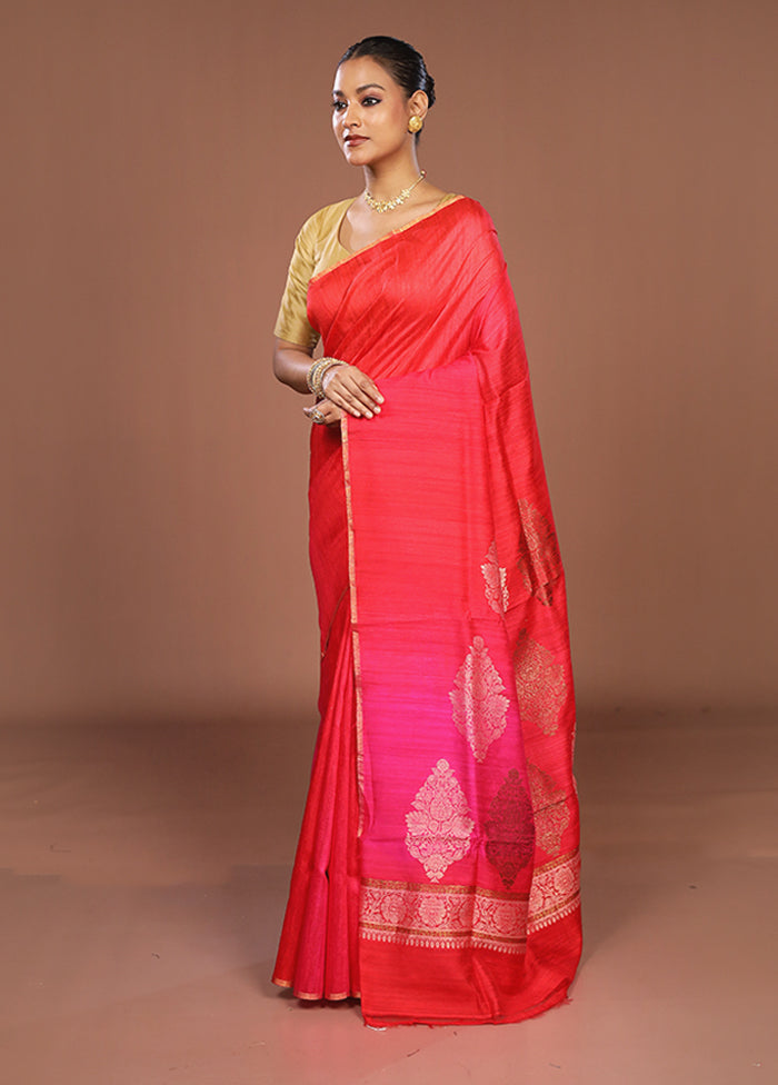 Red Handloom Tussar Pure Silk Saree With Blouse Piece