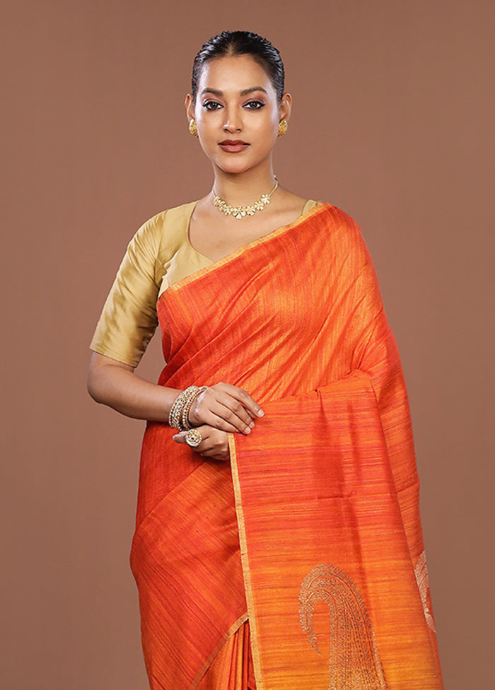 Rust Handloom Tussar Pure Silk Saree With Blouse Piece