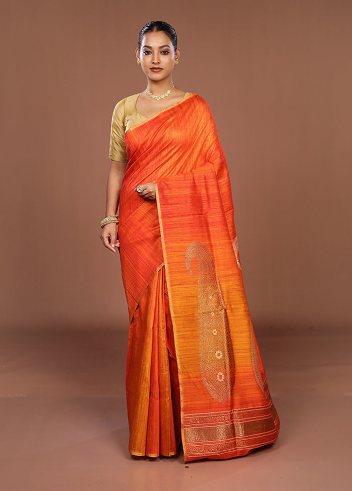 Rust Handloom Tussar Pure Silk Saree With Blouse Piece