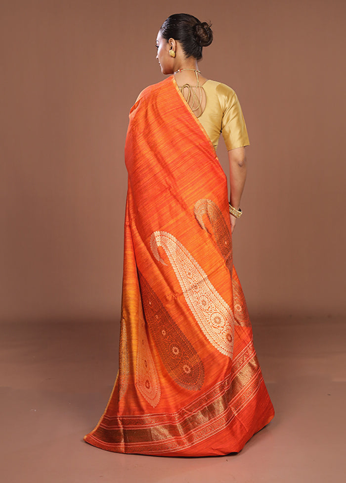 Rust Handloom Tussar Pure Silk Saree With Blouse Piece