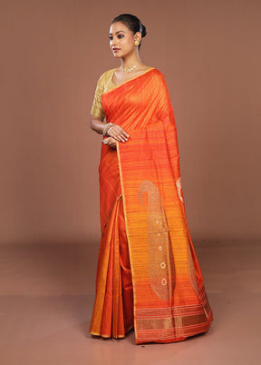 Rust Handloom Tussar Pure Silk Saree With Blouse Piece