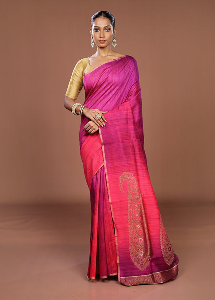 Purple Handloom Tussar Pure Silk Saree With Blouse Piece