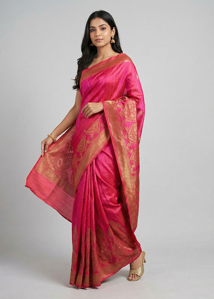 Pink Handloom Tussar Pure Silk Saree With Blouse Piece