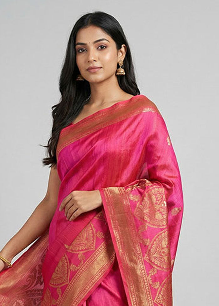Pink Handloom Tussar Pure Silk Saree With Blouse Piece