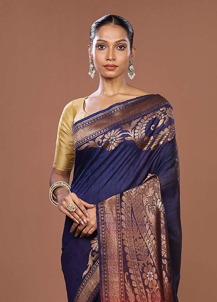 Blue Handloom Tussar Pure Silk Saree With Blouse Piece