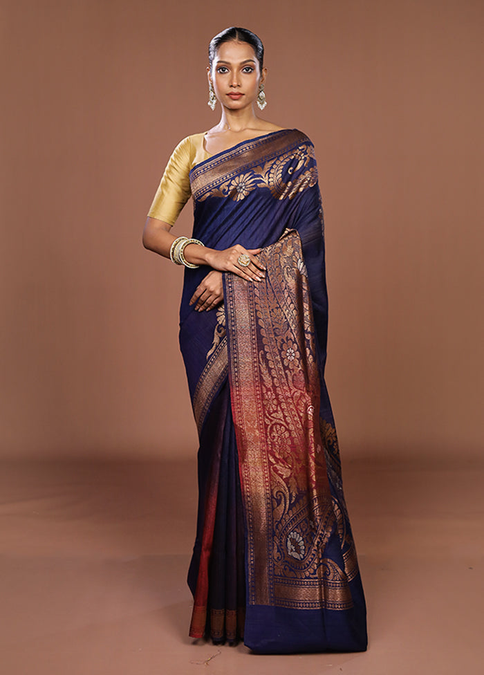 Blue Handloom Tussar Pure Silk Saree With Blouse Piece