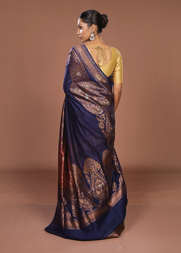 Blue Handloom Tussar Pure Silk Saree With Blouse Piece