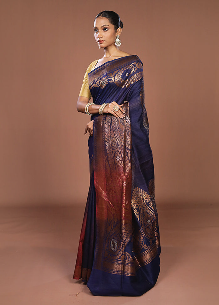 Blue Handloom Tussar Pure Silk Saree With Blouse Piece