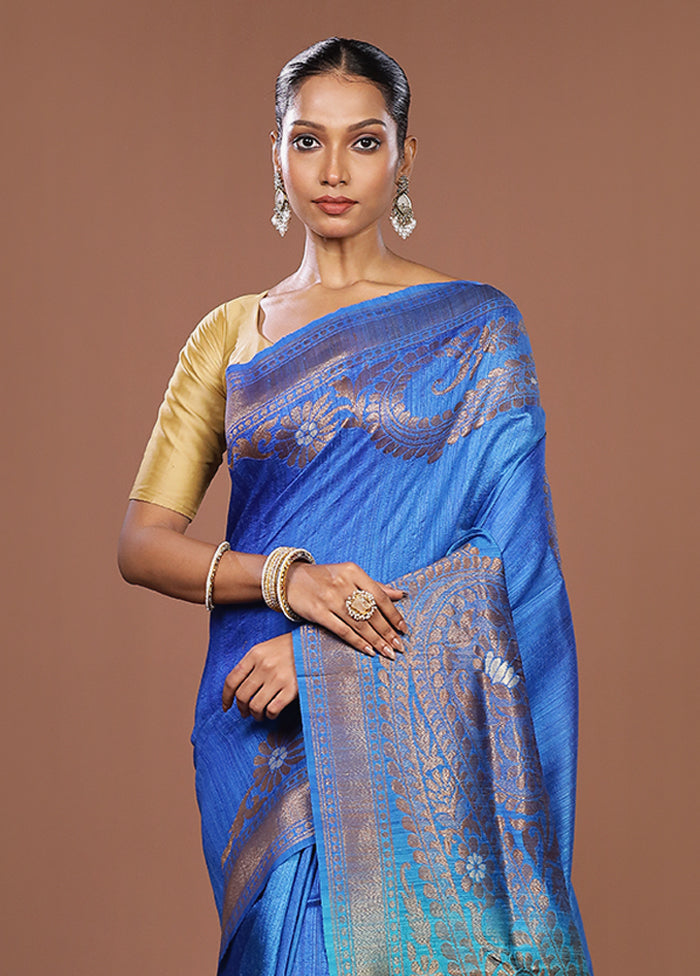 Blue Handloom Tussar Pure Silk Saree With Blouse Piece