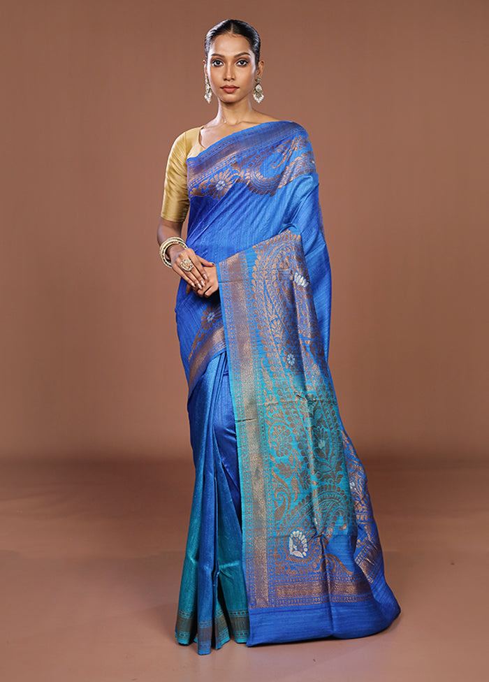 Blue Handloom Tussar Pure Silk Saree With Blouse Piece