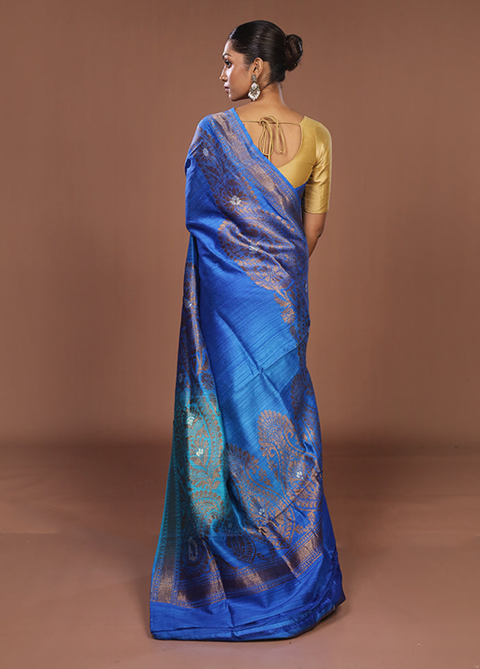 Blue Handloom Tussar Pure Silk Saree With Blouse Piece