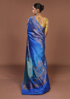 Blue Handloom Tussar Pure Silk Saree With Blouse Piece
