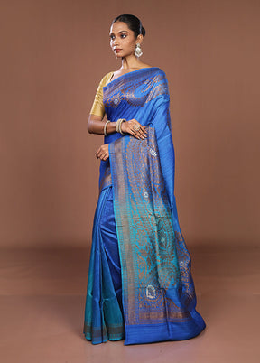 Blue Handloom Tussar Pure Silk Saree With Blouse Piece