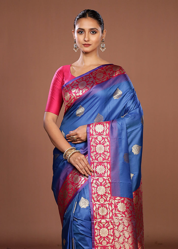 Blue Dupion Silk Saree With Blouse Piece