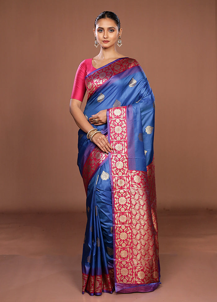 Blue Dupion Silk Saree With Blouse Piece