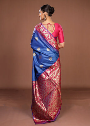 Blue Dupion Silk Saree With Blouse Piece