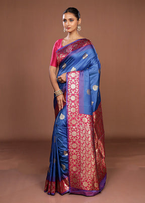 Blue Dupion Silk Saree With Blouse Piece
