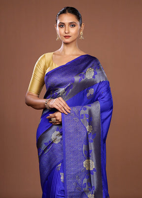 Blue Dupion Silk Saree With Blouse Piece